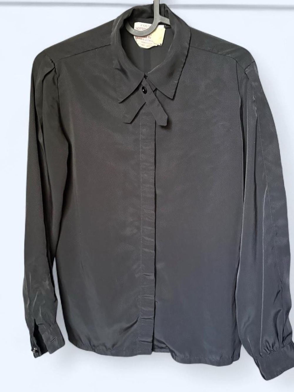 Vintage Black Long-Sleeve Button-Up Shirt with Neck Tie